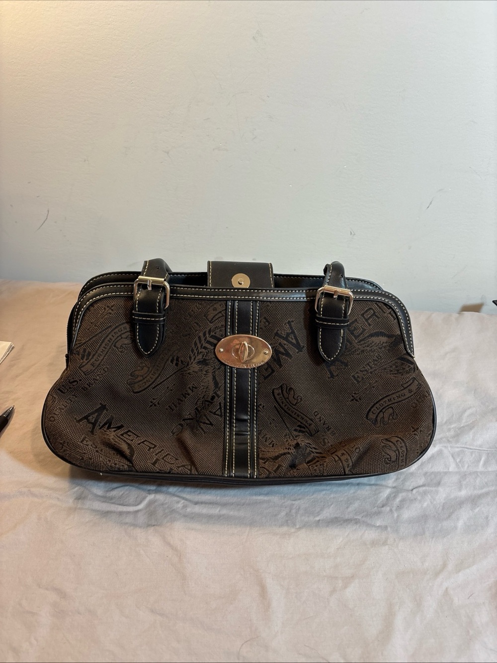 American Living Black Patterned Satchel with Turn-Lock Accent